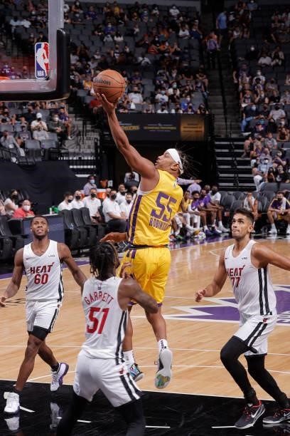 Justin Robinson of the Los Angeles Lakers drives to the basket against the Miami Heat during the 2021 California Classic Summer League on August 3,...