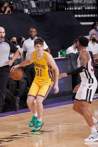 Austin Reaves of the Los Angeles Lakers dribbles the ball against the Miami Heat during the 2021 California Classic Summer League on August 3, 2021...