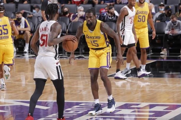 Chaundee Brown Jr. #15 of the Los Angeles Lakers plays defense against the Miami Heat during the 2021 California Classic Summer League on August 3,...