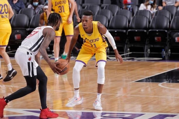Joel Ayayi of the Los Angeles Lakers plays defense against the Miami Heat during the 2021 California Classic Summer League on August 3, 2021 at...