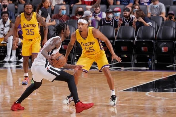 Justin Robinson of the Los Angeles Lakers plays defense against the Miami Heat during the 2021 California Classic Summer League on August 3, 2021 at...