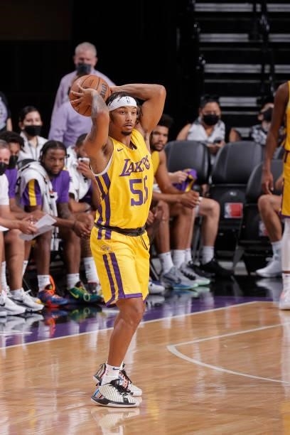 Justin Robinson of the Los Angeles Lakers looks to pass the ball against the Miami Heat during the 2021 California Classic Summer League on August 3,...