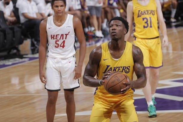 Devontae Cacok of the Los Angeles Lakers shoots a free throw against the Miami Heat during the 2021 California Classic Summer League on August 3,...