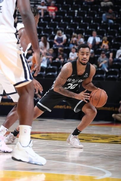 Jaylen Morris of the San Antonio Spurs handles the ball against the Utah Jazz White during the 2021 Salt Lake City Summer League on August 3, 2021 at...