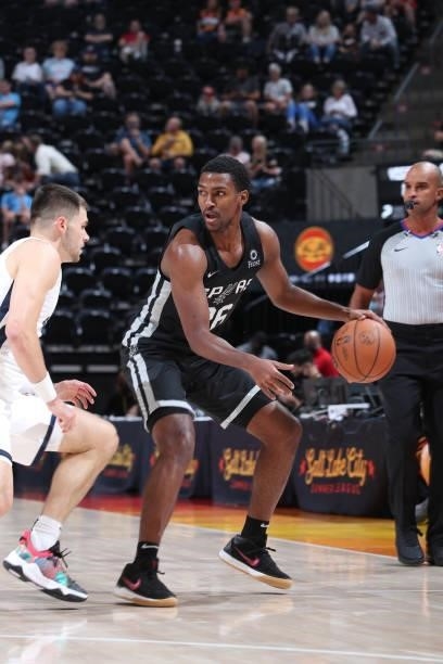 Justin Turner of the San Antonio Spurs handles the ball against the Utah Jazz White during the 2021 Salt Lake City Summer League on August 3, 2021 at...