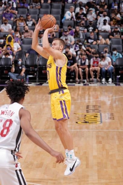 Tres Tinkle of the Los Angeles Lakers shoots a three point basket against the Miami Heat during the 2021 California Classic Summer League on August...