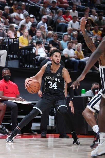 Anthony Mathis of the San Antonio Spurs handles the ball against the Utah Jazz White during the 2021 Salt Lake City Summer League on August 3, 2021...