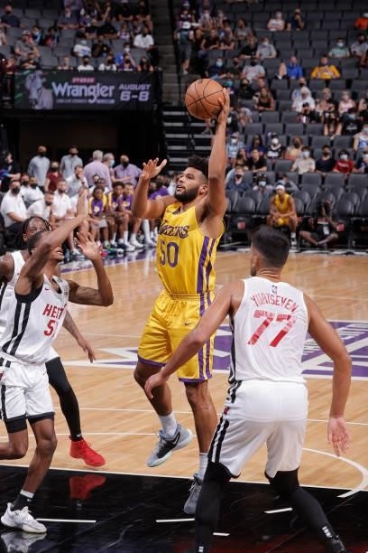 Yoeli Childs of the Los Angeles Lakers shoots the ball against the Miami Heat during the 2021 California Classic Summer League on August 3, 2021 at...