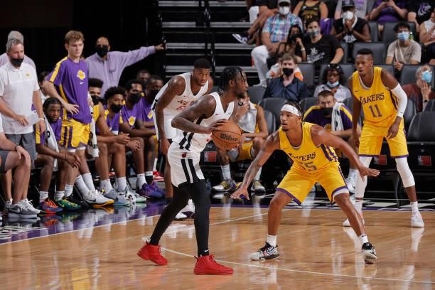 Justin Robinson of the Los Angeles Lakers plays defense against the Miami Heat during the 2021 California Classic Summer League on August 3, 2021 at...