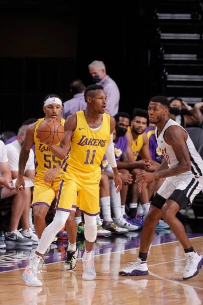 Joel Ayayi of the Los Angeles Lakers looks to pass the ball against the Miami Heat during the 2021 California Classic Summer League on August 3, 2021...
