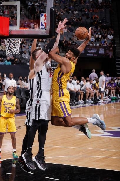 Yoeli Childs of the Los Angeles Lakers drives to the basket against the Miami Heat during the 2021 California Classic Summer League on August 3, 2021...