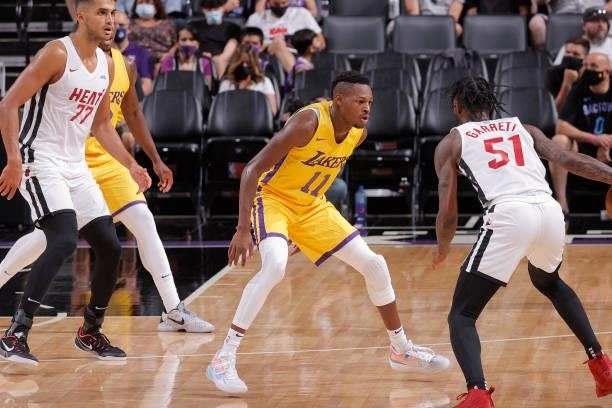 Joel Ayayi of the Los Angeles Lakers plays defense against the Miami Heat during the 2021 California Classic Summer League on August 3, 2021 at...