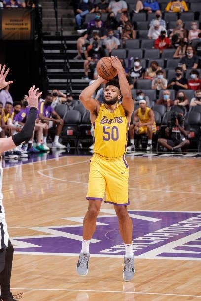 Yoeli Childs of the Los Angeles Lakers shoots a three point basket against the Miami Heat during the 2021 California Classic Summer League on August...