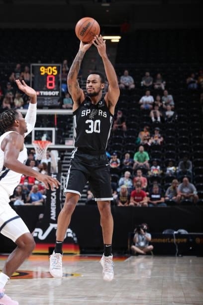 Jaylen Morris of the San Antonio Spurs shoots the ball against the Utah Jazz White during the 2021 Salt Lake City Summer League on August 3, 2021 at...