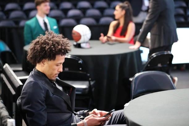 Cade Cunningham looks on during the 2021 NBA Draft on July 29, 2021 at the Barclays Center, New York. NOTE TO USER: User expressly acknowledges and...