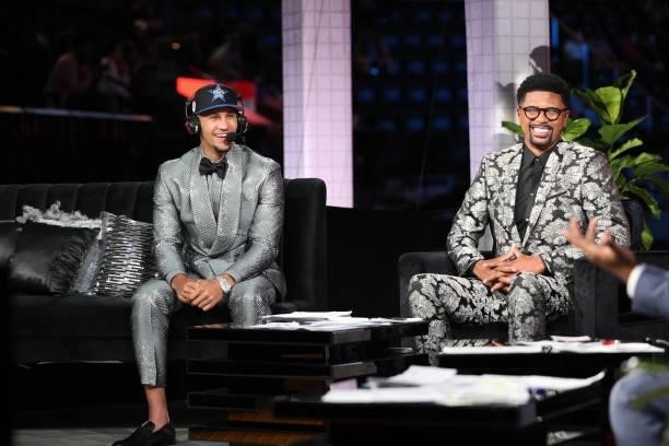Jalen Suggs smiles with Jalen Rose of ESPN during the 2021 NBA Draft on July 29, 2021 at the Barclays Center, New York. NOTE TO USER: User expressly...