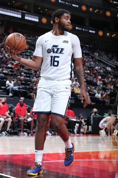 Juwan Morgan of the Utah Jazz White handles the ball against the San Antonio Spurs during the 2021 Salt Lake City Summer League on August 3, 2021 at...