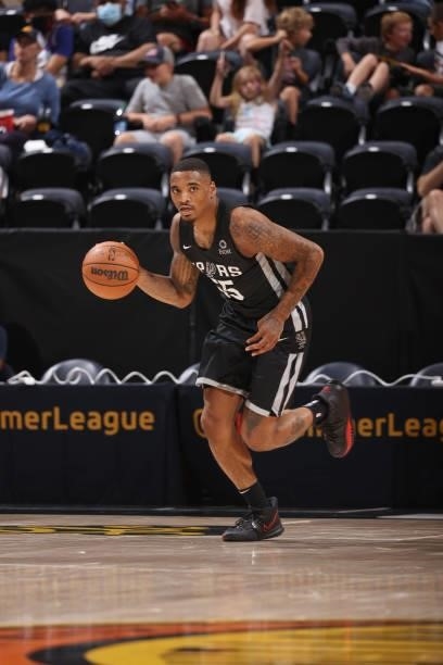 Daquan Jeffries of the San Antonio Spurs dribbles the ball against the Utah Jazz White during the 2021 Salt Lake City Summer League on August 3, 2021...