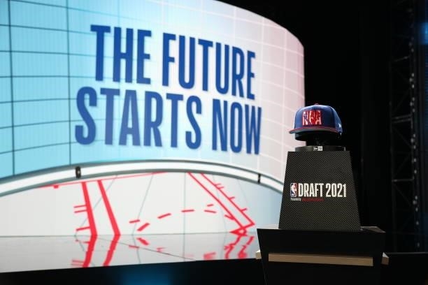 View of signage and the official NBA hat during the 2021 NBA Draft on July 29, 2021 at the Barclays Center, New York. NOTE TO USER: User expressly...