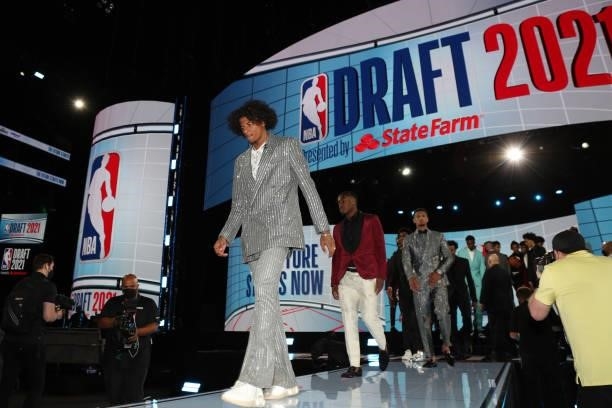 Jalen Green walks on stage before the 2021 NBA Draft on July 29, 2021 at the Barclays Center, New York. NOTE TO USER: User expressly acknowledges and...