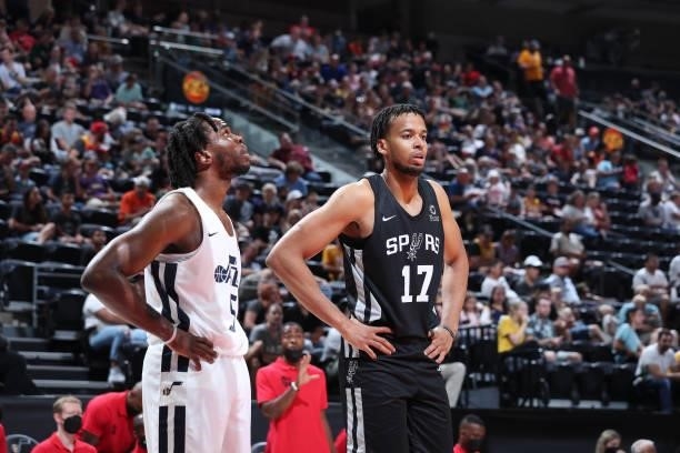 Jarrell Brantley of the Utah Jazz White and Skal Labissiere of the San Antonio Spurs look on during the 2021 Salt Lake City Summer League on August...