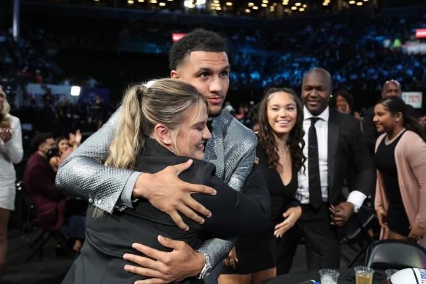 Jalen Suggs celebrates being selected by the Orlando Magic during the 2021 NBA Draft on July 29, 2021 at the Barclays Center, New York. NOTE TO USER:...