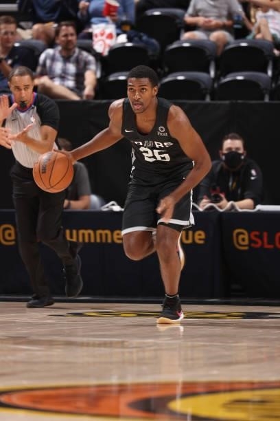 Justin Turner of the San Antonio Spurs dribbles the ball against the Utah Jazz White during the 2021 Salt Lake City Summer League on August 3, 2021...