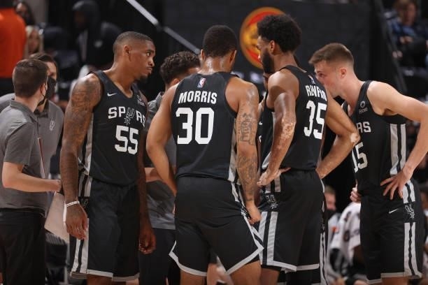 The San Antonio Spurs huddle up during the game against the Utah Jazz White during the 2021 Salt Lake City Summer League on August 3, 2021 at Vivint...