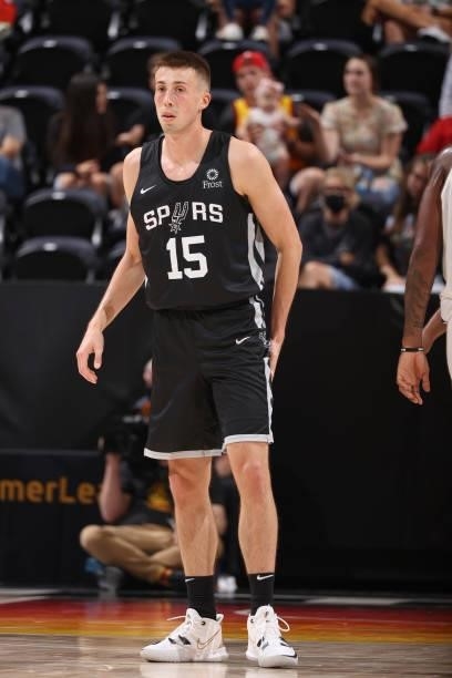 Joe Wieskamp of the San Antonio Spurs looks on during the game against the Utah Jazz White during the 2021 Salt Lake City Summer League on August 3,...