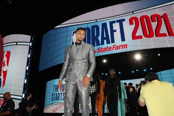 Jalen Suggs walks on stage before the 2021 NBA Draft on July 29, 2021 at the Barclays Center, New York. NOTE TO USER: User expressly acknowledges and...