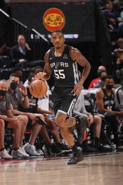 Daquan Jeffries of the San Antonio Spurs dribbles the ball against the Utah Jazz White during the 2021 Salt Lake City Summer League on August 3, 2021...