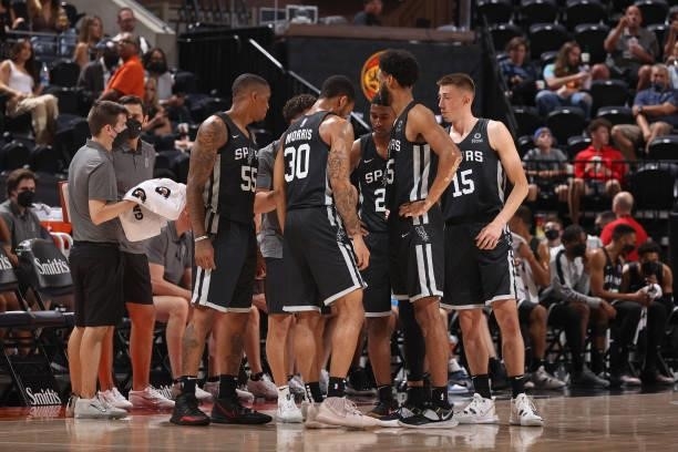 The San Antonio Spurs huddle up during the game against the Utah Jazz White during the 2021 Salt Lake City Summer League on August 3, 2021 at Vivint...
