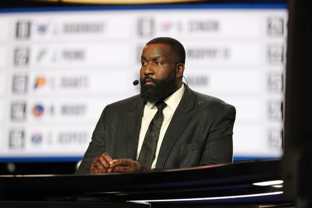 Analyst, Kendrick Perkins reports during the 2021 NBA Draft on July 29, 2021 at the Barclays Center, New York. NOTE TO USER: User expressly...