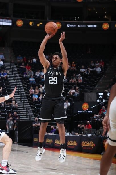 Matt Mitchell of the San Antonio Spurs shoots the ball against the Utah Jazz White during the 2021 Salt Lake City Summer League on August 3, 2021 at...