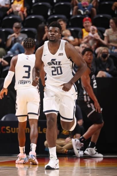 Udoka Azubuike of the Utah Jazz White runs down the court during the game against the San Antonio Spurs during the 2021 Salt Lake City Summer League...