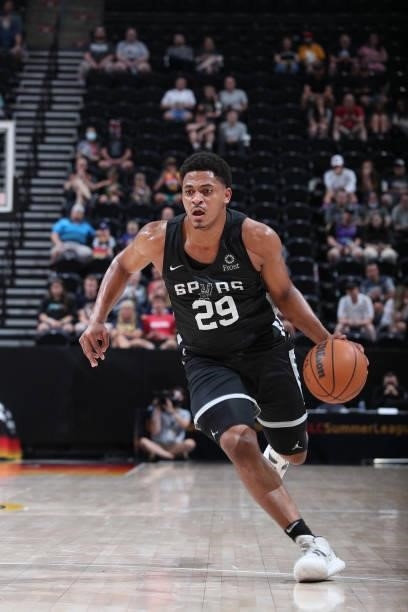 Matt Mitchell of the San Antonio Spurs drives to the basket against the Utah Jazz White during the 2021 Salt Lake City Summer League on August 3,...