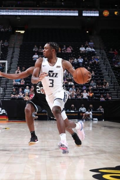 Trent Forrest of the Utah Jazz White dribbles the ball against the San Antonio Spurs during the 2021 Salt Lake City Summer League on August 3, 2021...