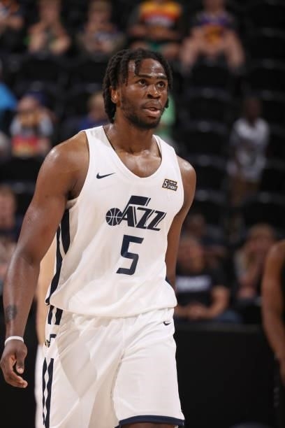 Jarrell Brantley of the Utah Jazz White looks on during the game against the San Antonio Spurs during the 2021 Salt Lake City Summer League on August...