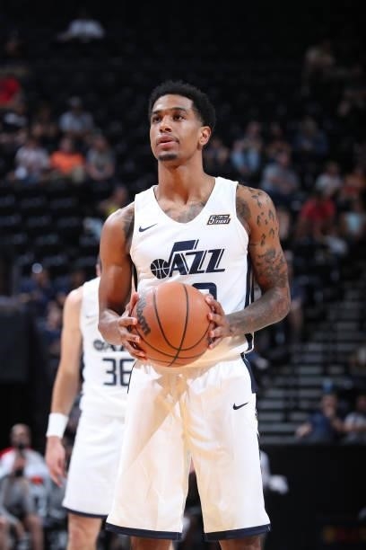 Devonte Green of the Utah Jazz White looks to shoot a free throw against the San Antonio Spurs during the 2021 Salt Lake City Summer League on August...