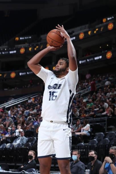 Juwan Morgan of the Utah Jazz White shoots the ball against the San Antonio Spurs during the 2021 Salt Lake City Summer League on August 3, 2021 at...