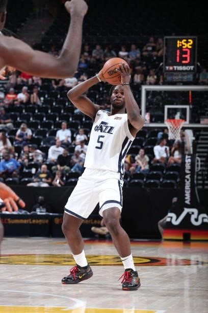 Jarrell Brantley of the Utah Jazz White handles the ball against the San Antonio Spurs during the 2021 Salt Lake City Summer League on August 3, 2021...