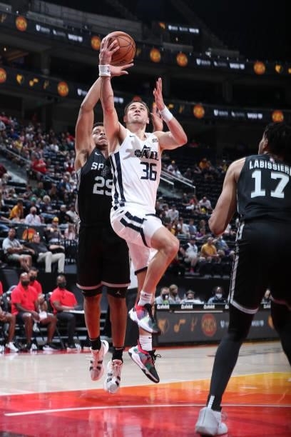 Matt Mooney of the Utah Jazz White drives to the basket against the San Antonio Spurs during the 2021 Salt Lake City Summer League on August 3, 2021...