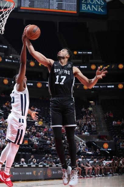 Skal Labissiere of the San Antonio Spurs drives to the basket against the Utah Jazz White during the 2021 Salt Lake City Summer League on August 3,...