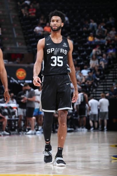 Nate Renfro of the San Antonio Spurs looks on during the game against the Utah Jazz White during the 2021 Salt Lake City Summer League on August 3,...