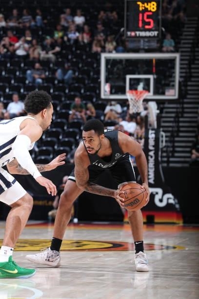 Jaylen Morris of the San Antonio Spurs handles the ball against the Utah Jazz White during the 2021 Salt Lake City Summer League on August 3, 2021 at...