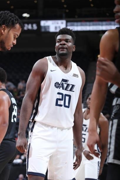 Udoka Azubuike of the Utah Jazz White looks on during the game against the San Antonio Spurs during the 2021 Salt Lake City Summer League on August...