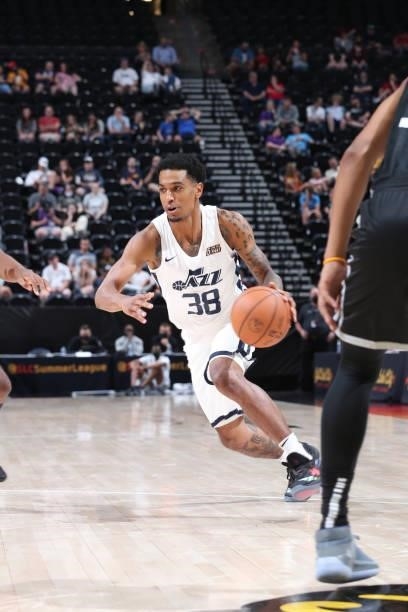 Devonte Green of the Utah Jazz White drives to the basket against the San Antonio Spurs during the 2021 Salt Lake City Summer League on August 3,...