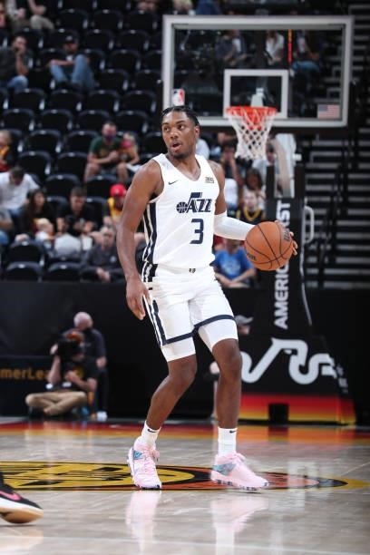 Trent Forrest of the Utah Jazz White handles the ball against the San Antonio Spurs during the 2021 Salt Lake City Summer League on August 3, 2021 at...