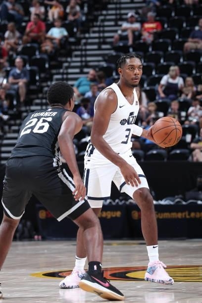 Trent Forrest of the Utah Jazz White handles the ball against the San Antonio Spurs during the 2021 Salt Lake City Summer League on August 3, 2021 at...