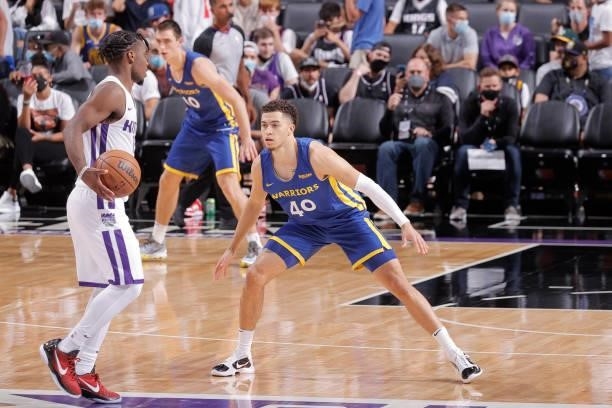 Jaquori McLaughlin of the Golden State Warriors plays defense against the Sacramento Kings during the 2021 California Classic Summer League on August...